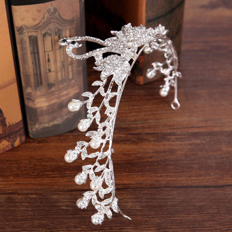 Pearl and rhinestone alloy silver bridal crown tiara with leaf motif