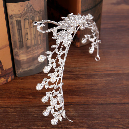 Pearl and rhinestone alloy silver bridal crown tiara with leaf motif