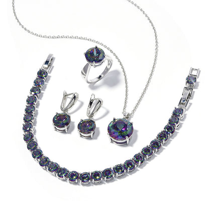 Geometric round silver jewelry set with purple-green iridescent stones; includes necklace, bracelet, ring and earrings (cj)