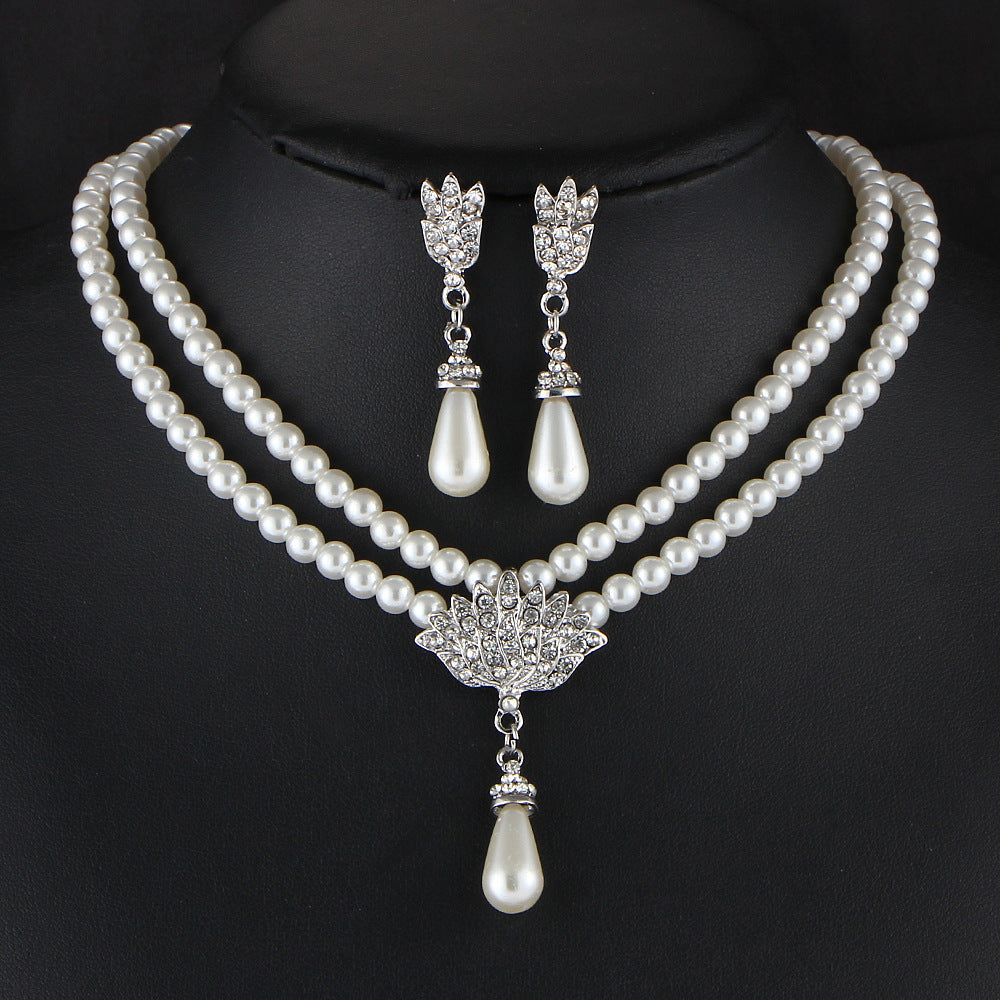 Bridal pearl crystal diamond short clavicle necklace set with matching drop pearl earrings by cj