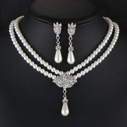 Bridal pearl crystal diamond short clavicle necklace set with matching drop pearl earrings by cj