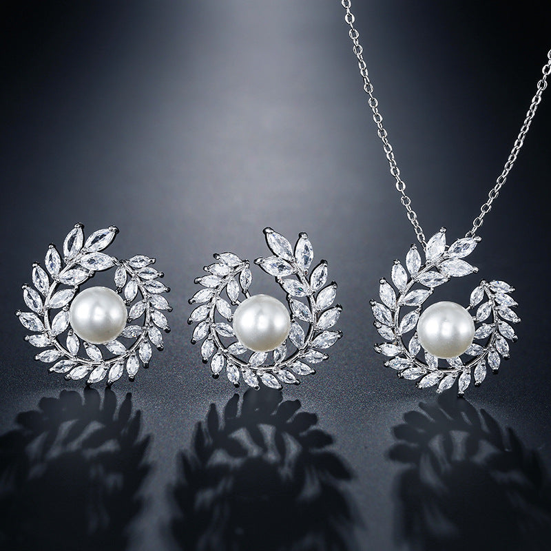 CJ 3-piece silver-tone ornament set: pearl pendant necklace with crystal leaf wreath and matching pearl earrings