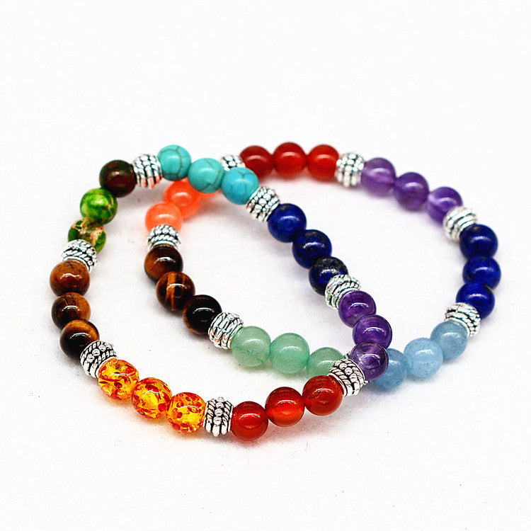 Bracelet set of multicolor seven-chakra crystal beads with silver spacers