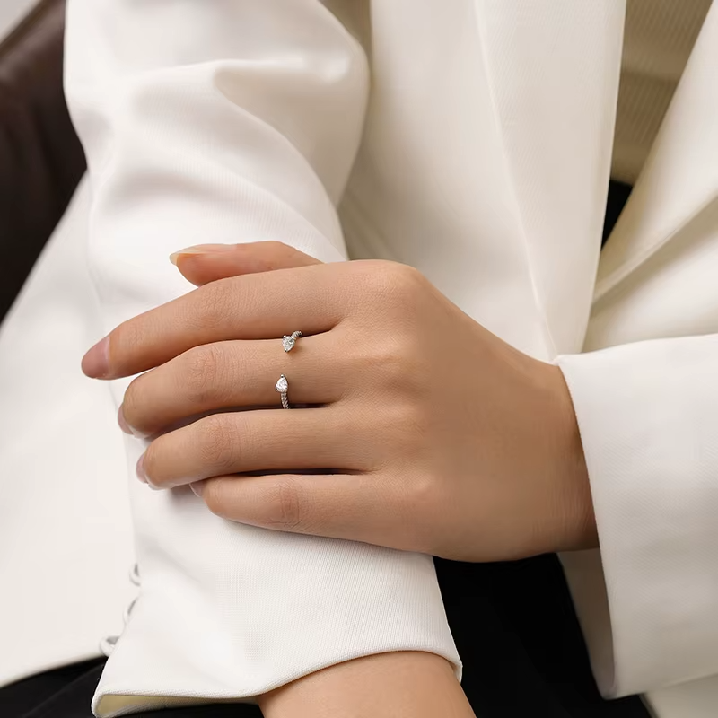Solid 925 Sterling Silver Water Drop Shape Dazzling CZ Adjustable Finger Ring by edenista