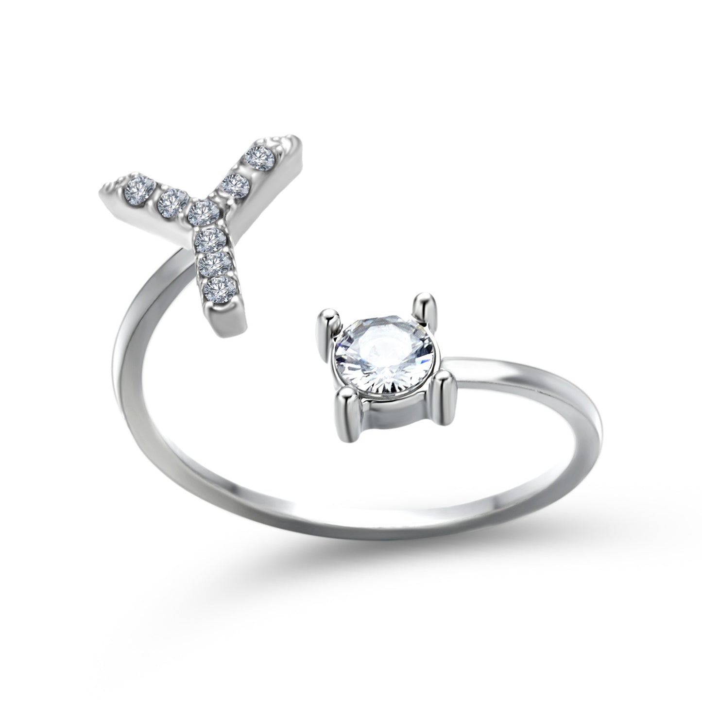 Ring adjustable X-shaped initial-letter design with diamond-accents and a solitaire gemstone, silver-tone