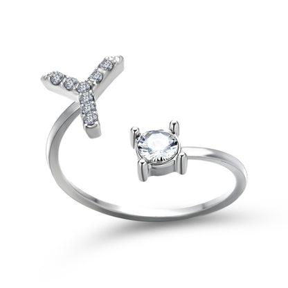 Ring adjustable X-shaped initial-letter design with diamond-accents and a solitaire gemstone, silver-tone