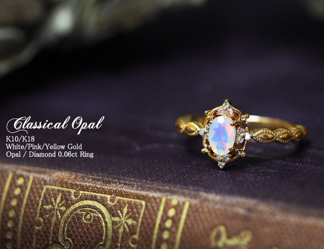 Gold-plated opal ring with diamond accents, Classical Opal vintage floral design.