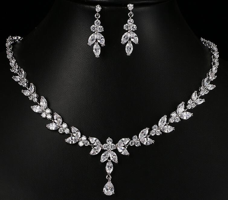 Zircon Simple Bridal Set 2-piece necklace and earrings with clear stones by CJ.