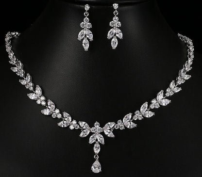 Zircon Simple Bridal Set 2-piece necklace and earrings with clear stones by CJ.