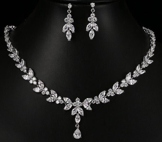 Zircon Simple Bridal Set 2-piece necklace and earrings with clear stones by CJ.