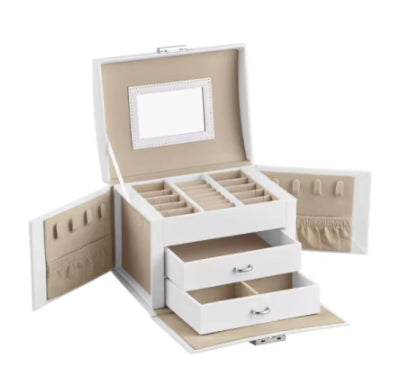 Jewelry box, white PU leather double-layer with beige interior, open to reveal compartments and two drawers.
