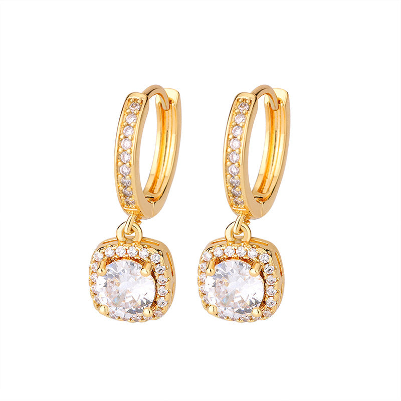 Pair of gold-tone earrings with pavé hoops and square moissanite drop stones