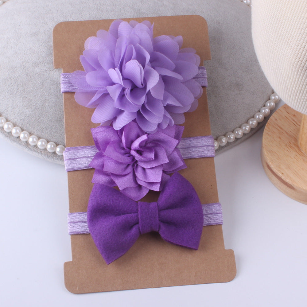 Three-piece purple floral baby stretch hairband set with fabric flowers and bow by CJ