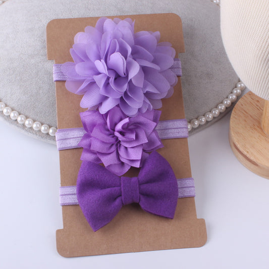Three-piece purple floral baby stretch hairband set with fabric flowers and bow by CJ