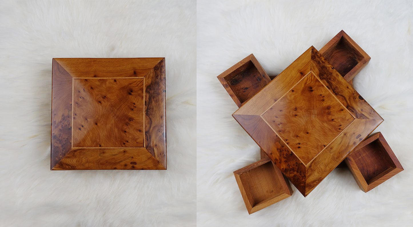 Moroccan Handmade Rotating Wooden Jewelry Box with burl wood finish; set of nested boxes
