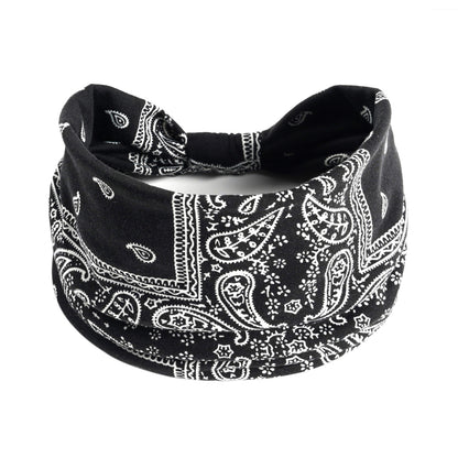 Yoga headband in bohemian black paisley bandana print