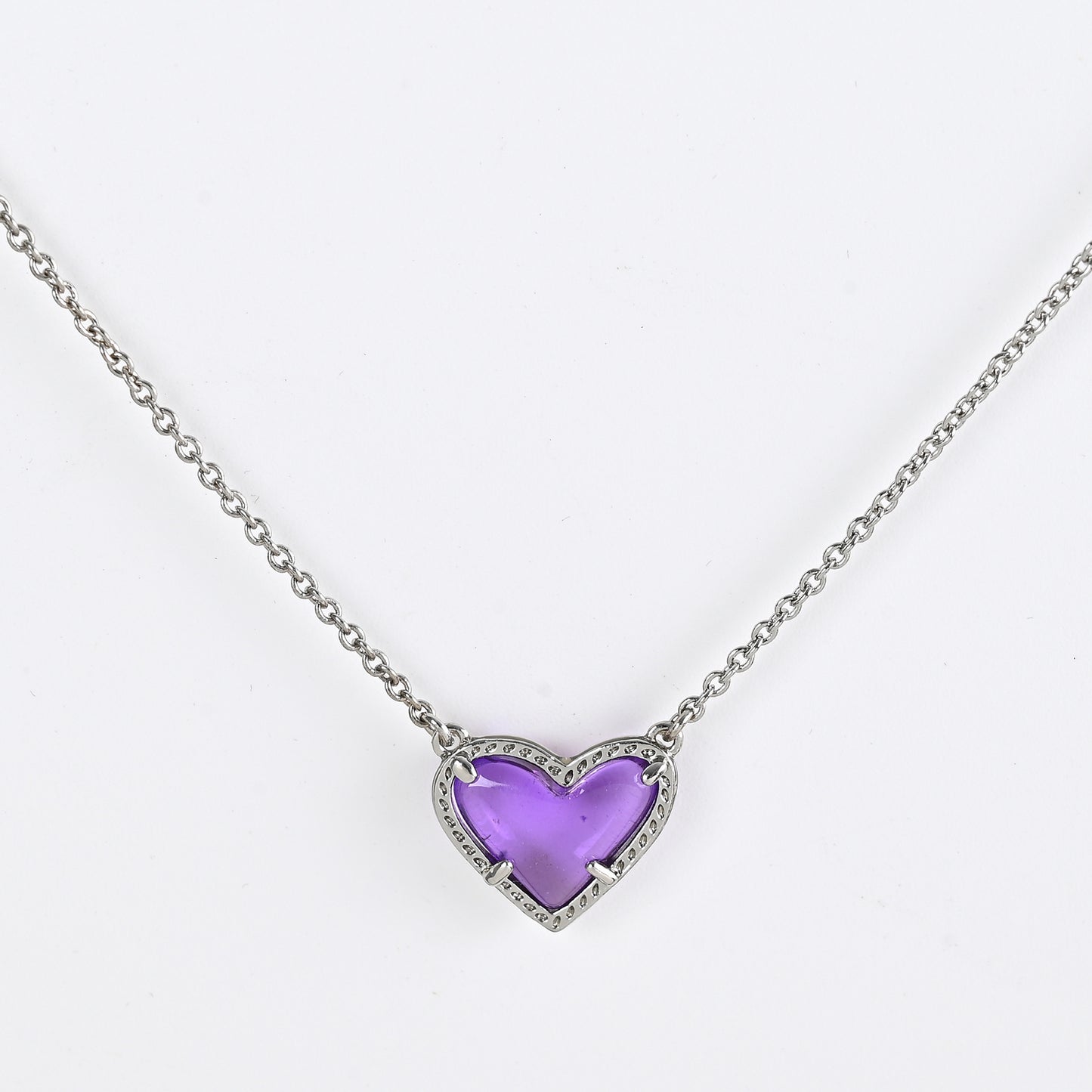 Cubic Zirconia Heart Pendant Necklace with purple heart gemstone and silver chain