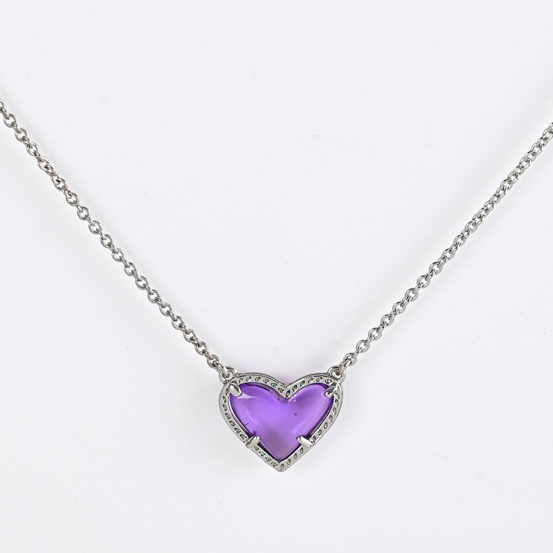 Cubic Zirconia Heart Pendant Necklace with purple heart gemstone and silver chain