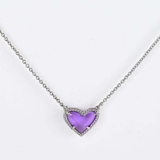 Cubic Zirconia Heart Pendant Necklace with purple heart gemstone and silver chain