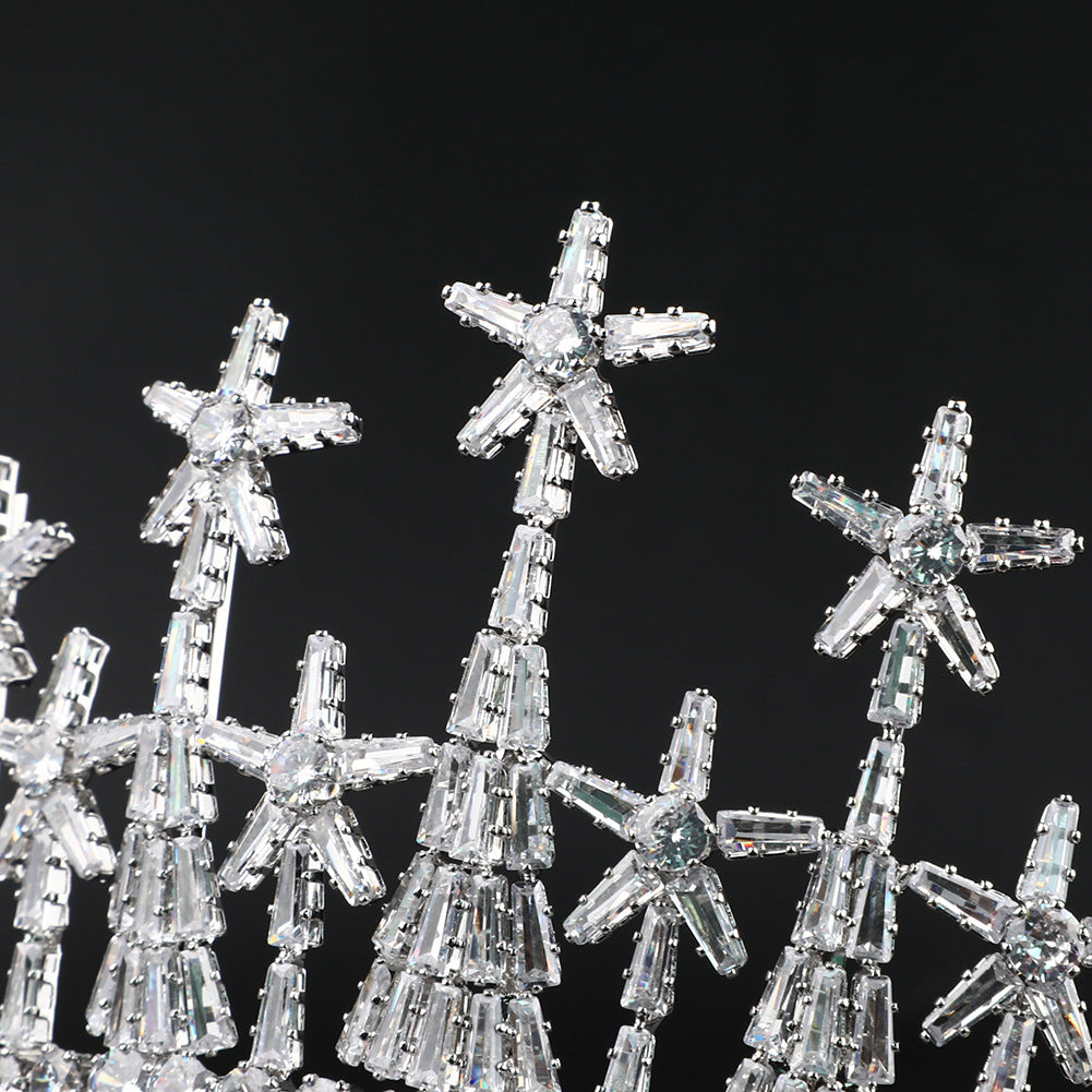 Zircon bridal crown tiara with crystal starburst motifs in silver-tone setting