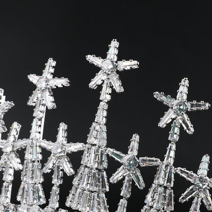 Zircon bridal crown tiara with crystal starburst motifs in silver-tone setting