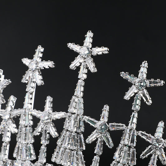 Zircon bridal crown tiara with crystal starburst motifs in silver-tone setting