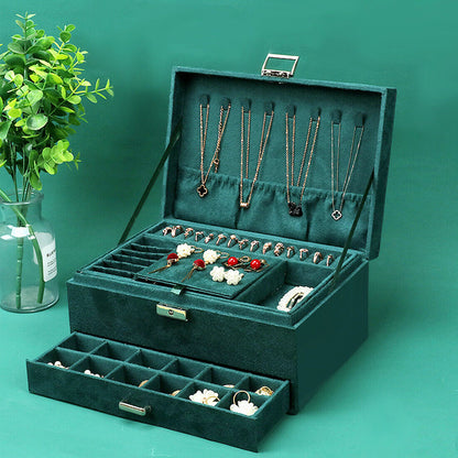 3-Layer Large Jewelry Box by Edenista, green velvet necklace storage with pull-out drawer