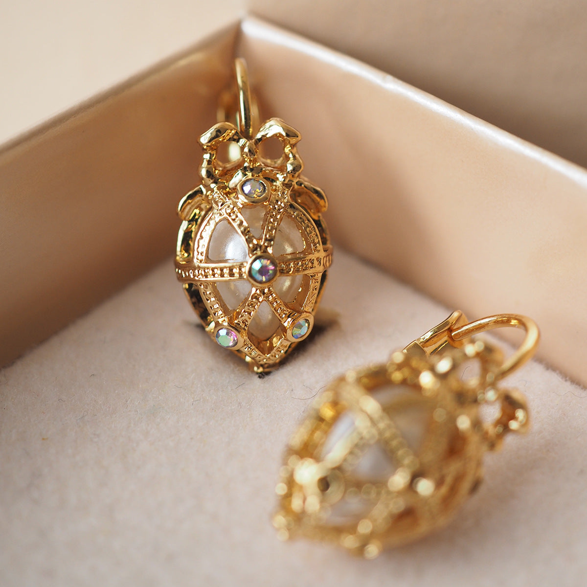 Vintage Easter Egg Bow Pendant Pearl Earrings Hollow Out by edenista