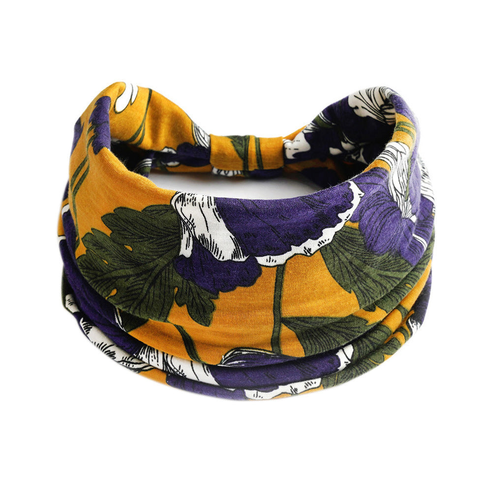 CJ Bohemian Cashew yoga headband with purple mustard floral print, absorbent fabric