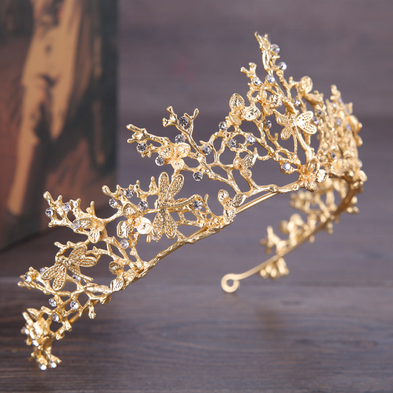 Bridal crown headband, gold-tone with crystal accents, floral vine design