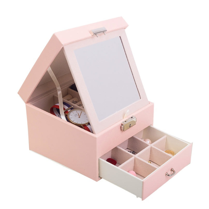 Jewelry box Edenista, pink European PU leather with glass lid and divided pull-out drawer compartments