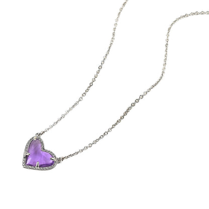 Cubic Zirconia Heart Pendant Necklace with purple gemstone on silver-tone chain