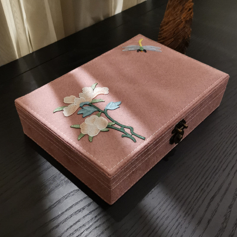 Jewelry box by edenista in pink flannel with white flower embroidery and brass latch