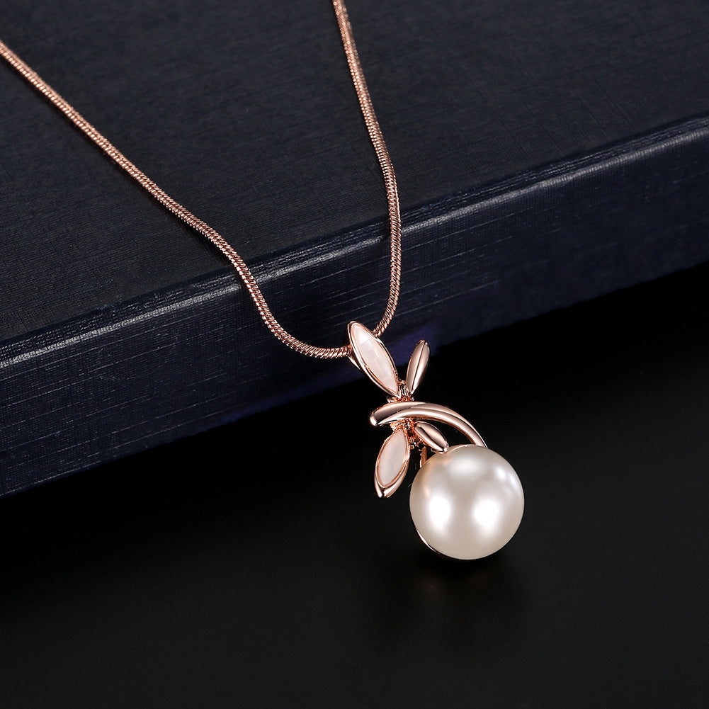 Pearl pendant necklace with rose-gold leaf accents, bridal party jewelry set