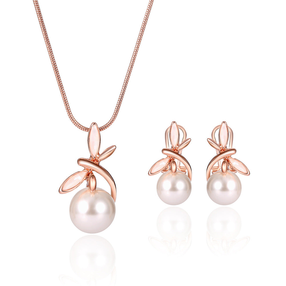 cj Fashionable pearl necklace and pair of earrings set in rose-gold tone with white pearls