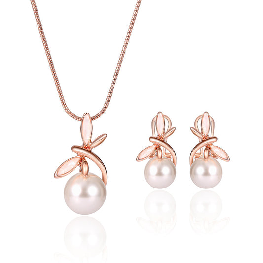 3-piece pearl jewelry set: rose-gold necklace with pearl pendant and matching leaf earrings