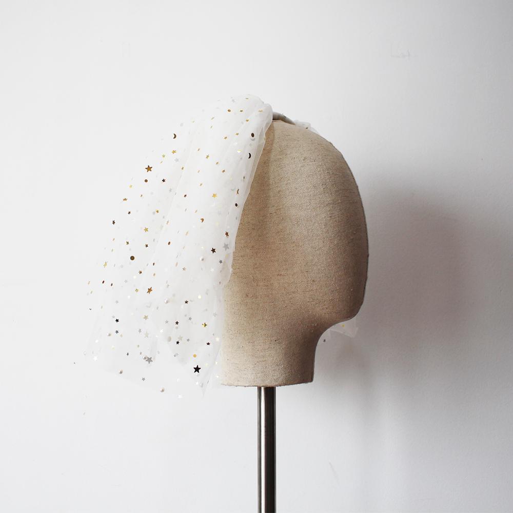 White Yarn Bridal Multi-layer Short Veil with gold and silver star confetti on sheer tulle