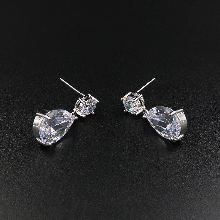 Teardrop crystal earrings, silver-tone with round accent stones, wedding jewelry pair