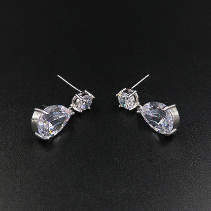 Teardrop crystal earrings, silver-tone with round accent stones, wedding jewelry pair