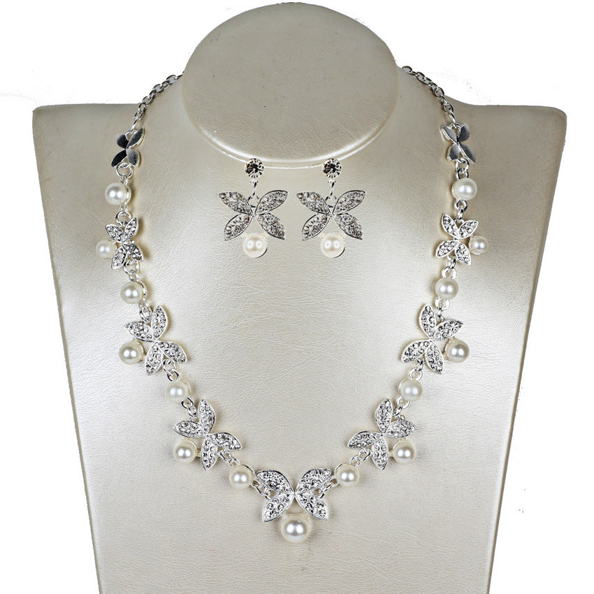 Pearl butterfly bridal necklace and earrings set with crystal butterflies and pearl drops