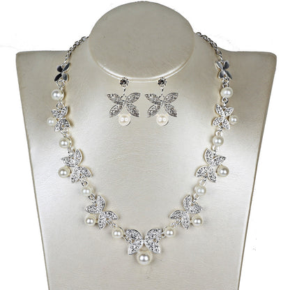 Pearl butterfly bridal necklace and earrings set with crystal butterflies and pearl drops