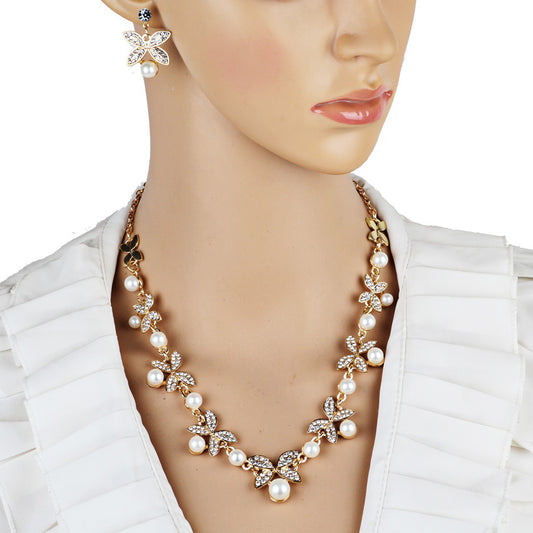 New pearl butterfly necklace and matching earrings 2-piece set by CJ; gold-tone with crystals and pearls.