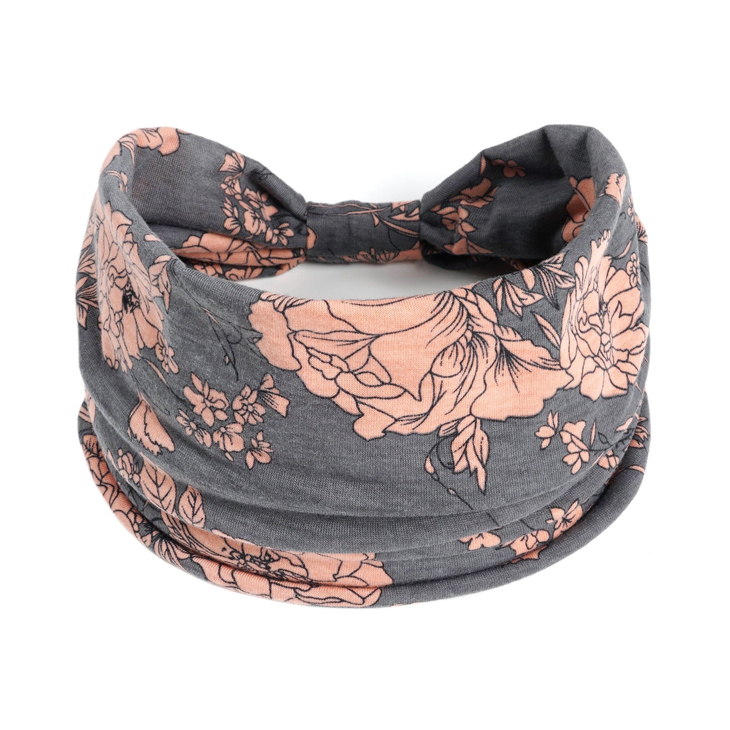 Bohemian floral yoga headband in gray with peach print; CJ brand, stretchy fabric.
