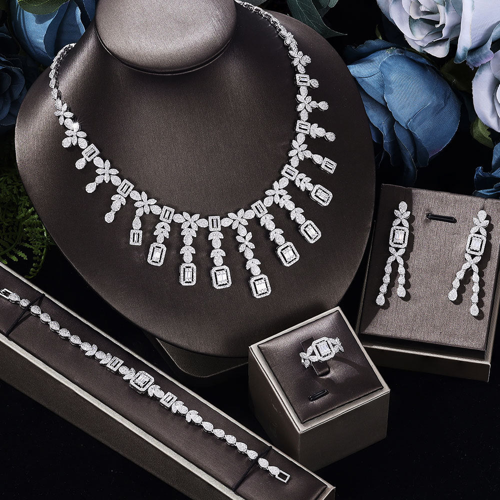 Zircon jewelry set 4-piece necklace, earrings, bracelet, ring; silver-tone pave stones, cj brand