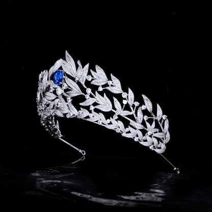 Sapphire Crown Tiara with leaf motif, silver-tone metal and blue sapphire plus clear zircon accents