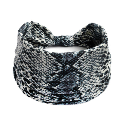Bohemian Cashew yoga headband, black and white snakeskin print, absorbent sport accessory