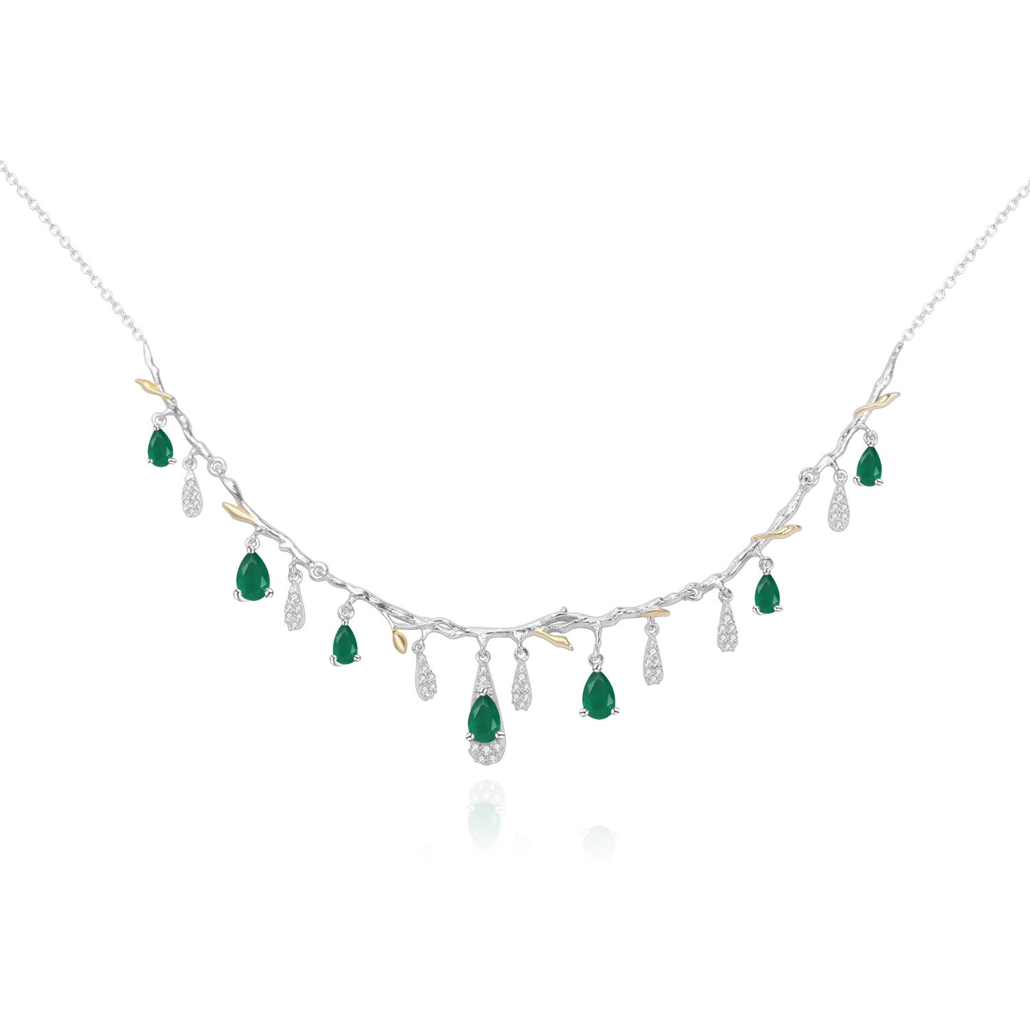 S925 silver natural topaz necklace with green teardrop topaz and clear crystal drops.