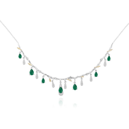 S925 silver natural topaz necklace with green teardrop topaz and clear crystal drops.