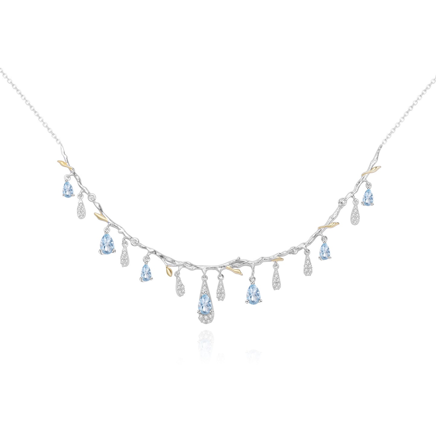 S925 Silver Natural Topaz Necklace with blue teardrop gems and leaf charms.