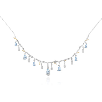S925 Silver Natural Topaz Necklace with blue teardrop gems and leaf charms.